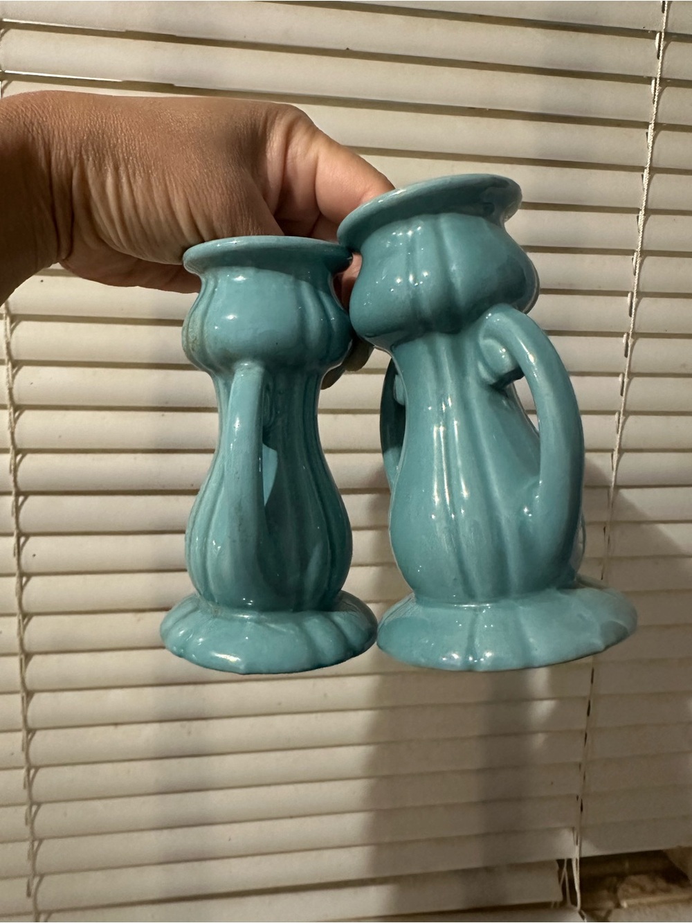 vintage mid-century modern Haeger Pottery dual-handled candlestick holders